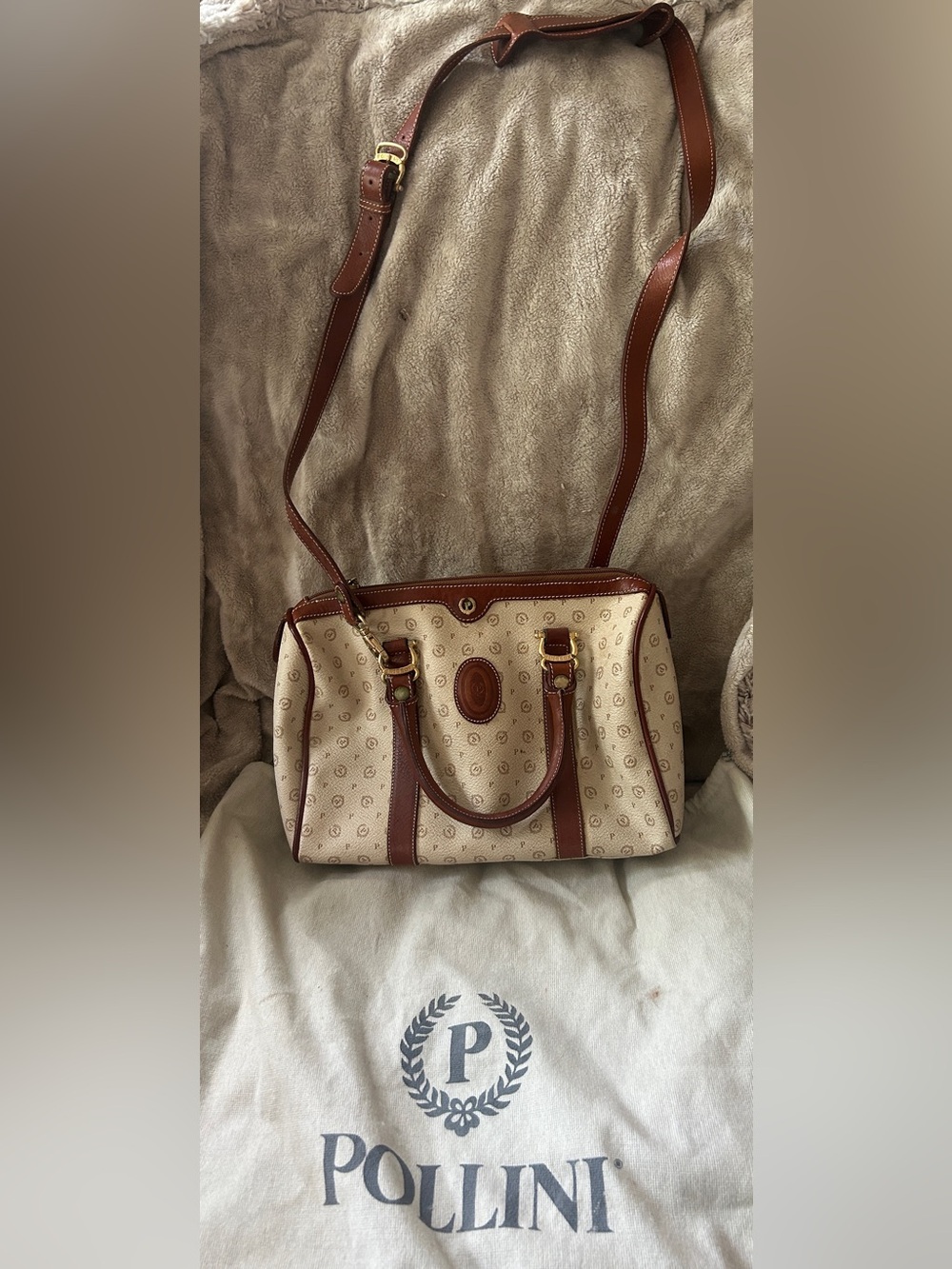 Pollini Satchel Bag Purse Brown Vintage Italian Leather Monogram Double Handle
